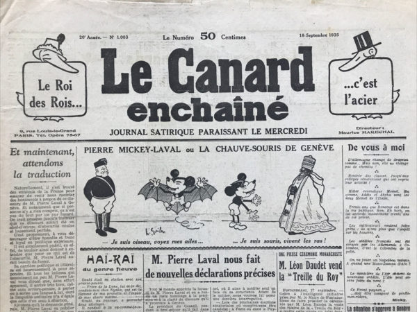 N° 1003 du Canard Enchaîné -  18 Septembre 1935