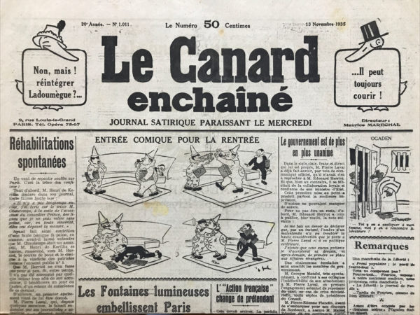 N° 1011 du Canard Enchaîné -  13 Novembre 1935