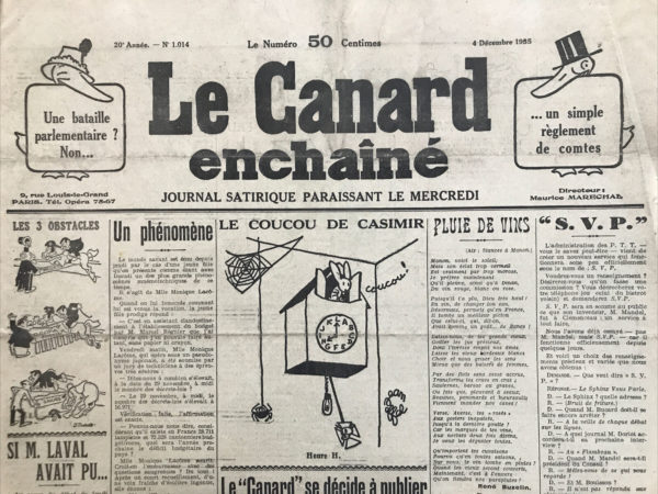 N° 1014 du Canard Enchaîné -  4 Décembre 1935