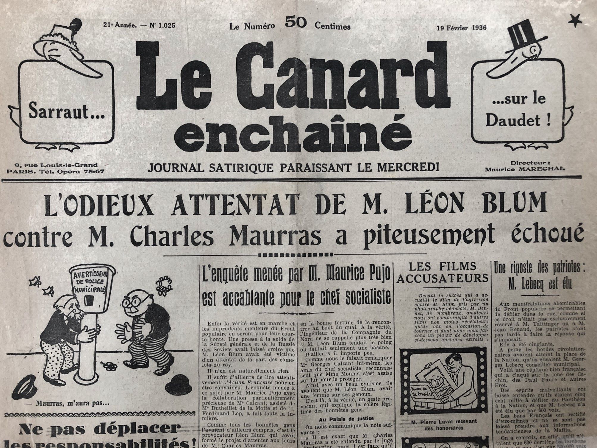N° 1025 du Canard Enchaîné - 19 Février 1936 | 59,00 € | 1025 | Couac ! | Presse Authentique de l'Epoque ! Pour des Cadeaux Originaux : Journal Rare Anniversaire, de Naissance... N° 1025 du Canard Enchaîné - 19 Février 1936