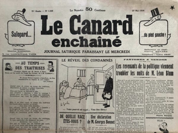 N° 1039 du Canard Enchaîné -  27 Mai 1936