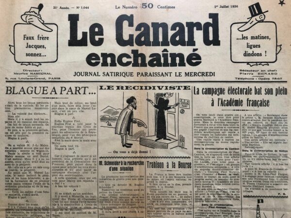 N° 1044 du Canard Enchaîné -  1 Juillet 1936