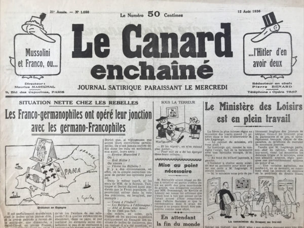 N° 1050 du Canard Enchaîné -  12 Août 1936