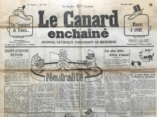 N° 1051 du Canard Enchaîné -  19 Août 1936