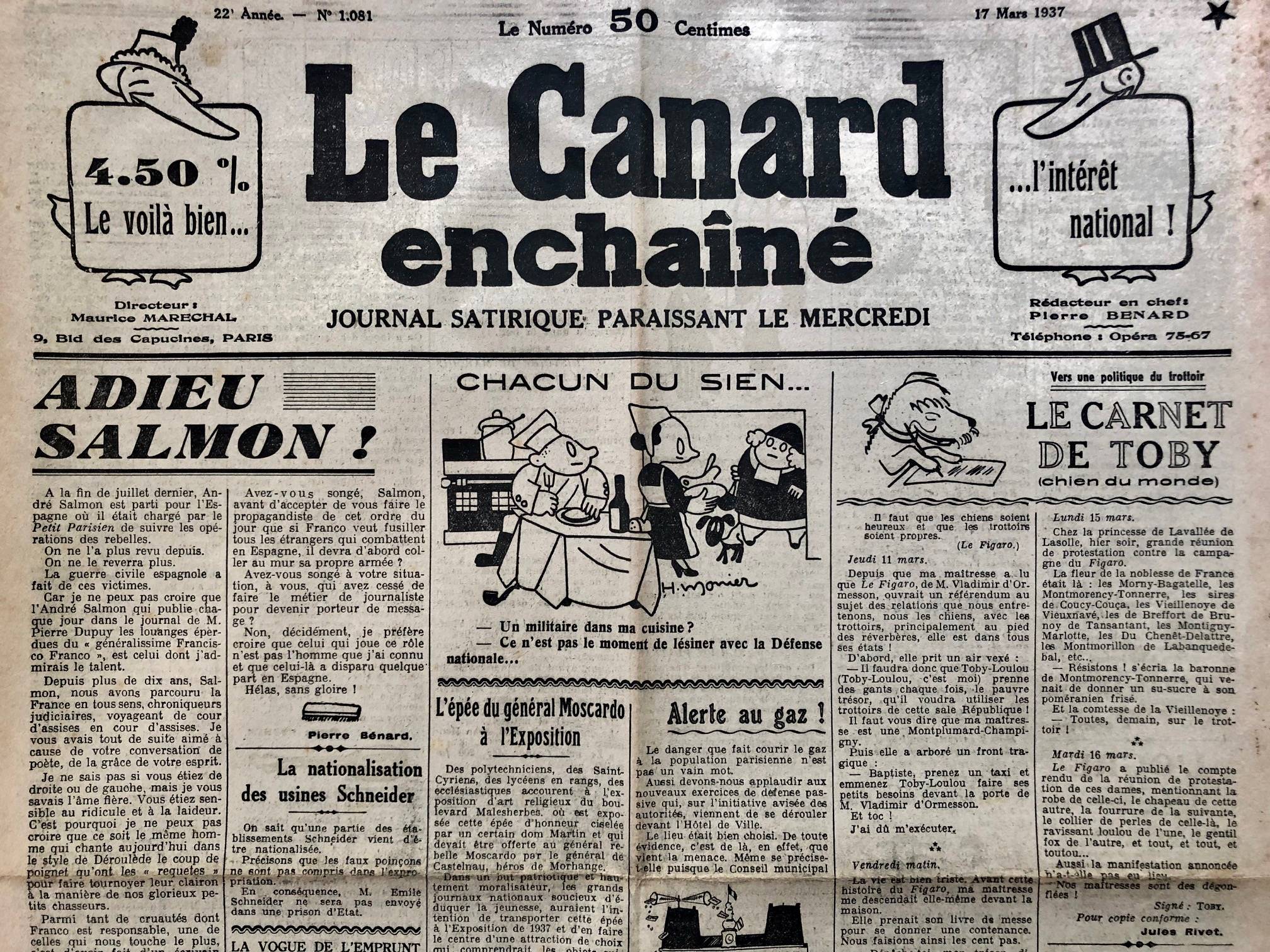 N° 1081 du Canard Enchaîné - 17 Mars 1937 | 59,00 € | 1081 | Couac ! | Presse Authentique de l'Epoque ! Pour des Cadeaux Originaux : Journal Rare Anniversaire, de Naissance... N° 1081 du Canard Enchaîné - 17 Mars 1937