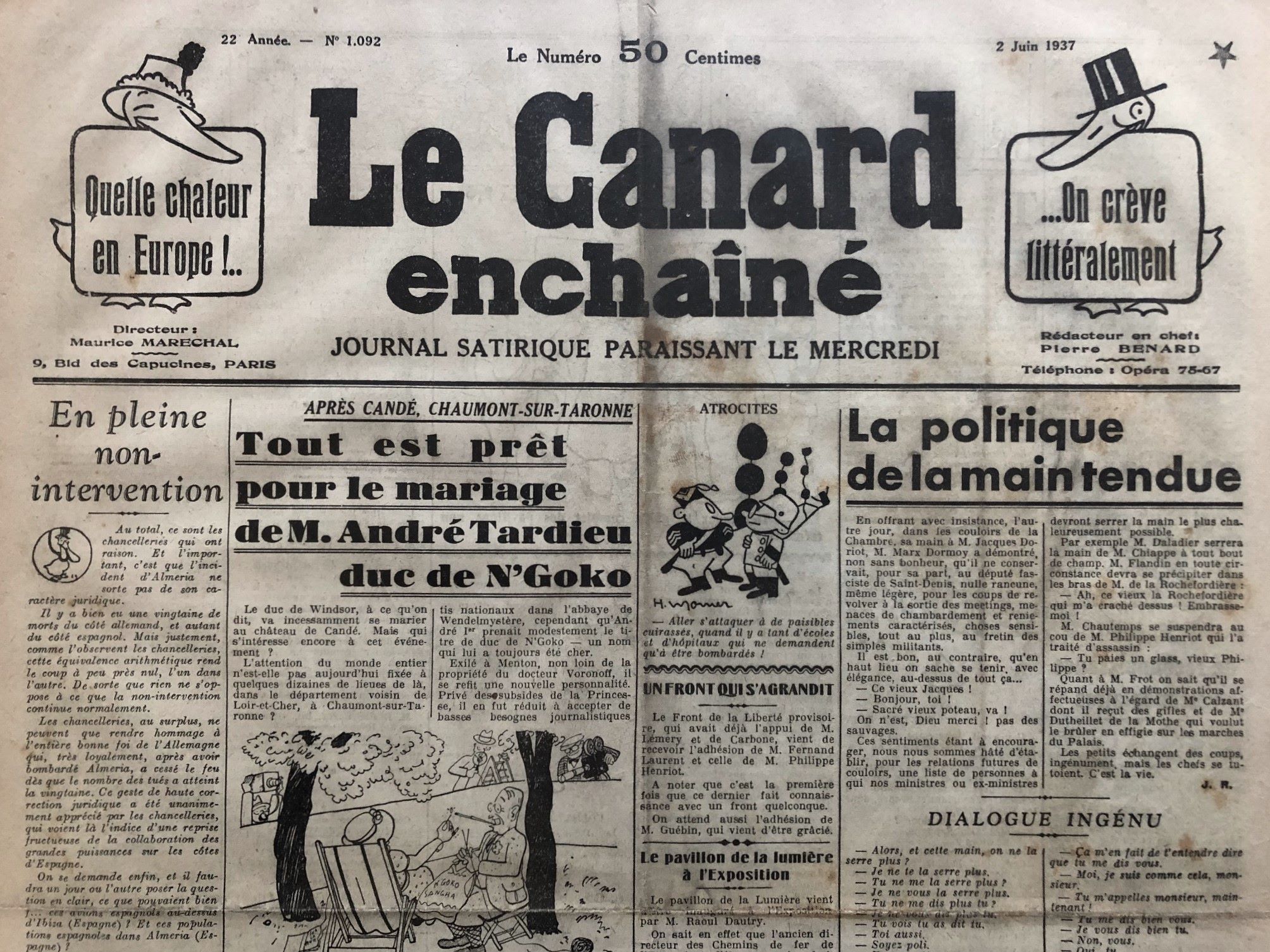 N° 1092 du Canard Enchaîné - 2 Juin 1937 | 59,00 € | 1092 | Couac ! | Presse Authentique de l'Epoque ! Pour des Cadeaux Originaux : Journal Rare Anniversaire, de Naissance... N° 1092 du Canard Enchaîné - 2 Juin 1937