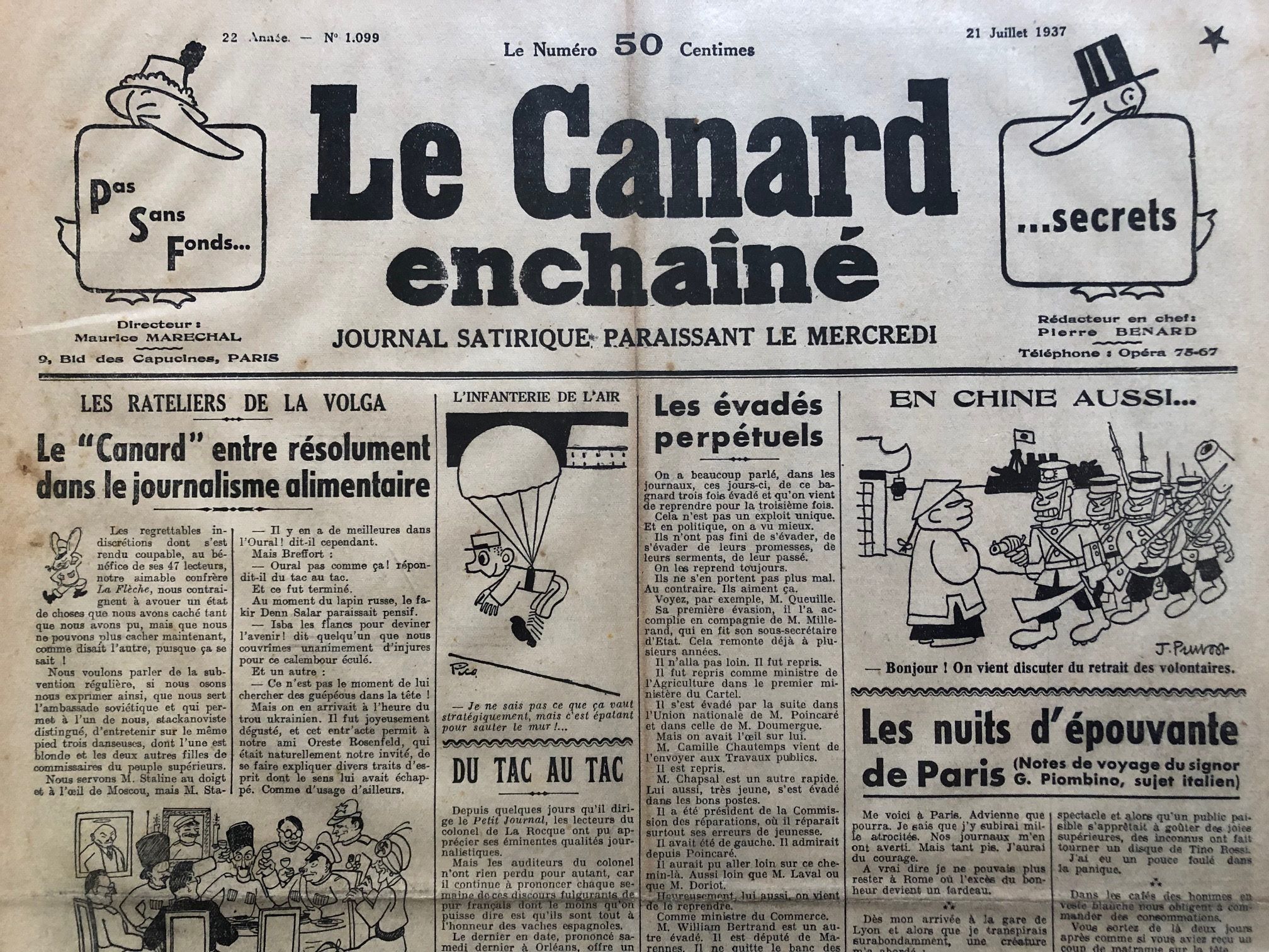 N° 1099 du Canard Enchaîné - 21 Juillet 1937 | 59,00 € | 1099 | Couac ! | Presse Authentique de l'Epoque ! Pour des Cadeaux Originaux : Journal Rare Anniversaire, de Naissance... N° 1099 du Canard Enchaîné - 21 Juillet 1937