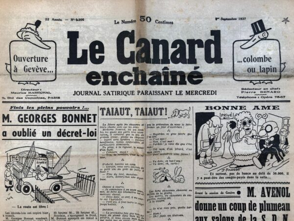 N° 1105 du Canard Enchaîné -  1 Septembre 1937