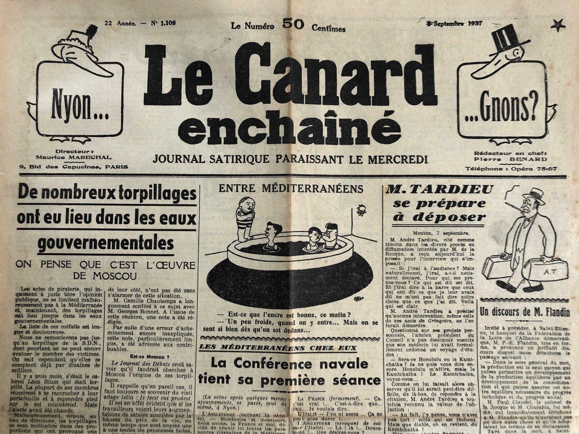 N° 1106 du Canard Enchaîné - 8 Septembre 1937 | 59,00 € | 1106 | Couac ! | Presse Authentique de l'Epoque ! Pour des Cadeaux Originaux : Journal Rare Anniversaire, de Naissance... N° 1106 du Canard Enchaîné - 8 Septembre 1937