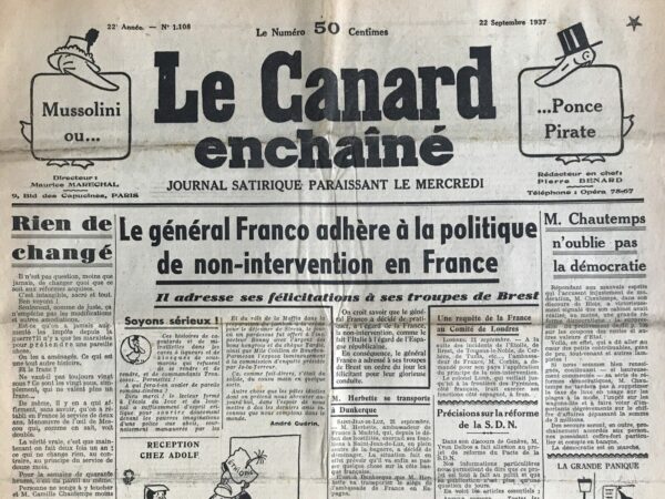 N° 1108 du Canard Enchaîné -  22 Septembre 1937