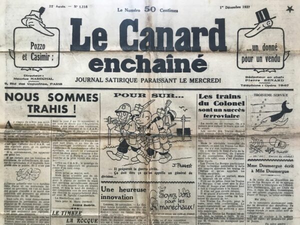 N° 1118 du Canard Enchaîné -  1 Décembre 1937