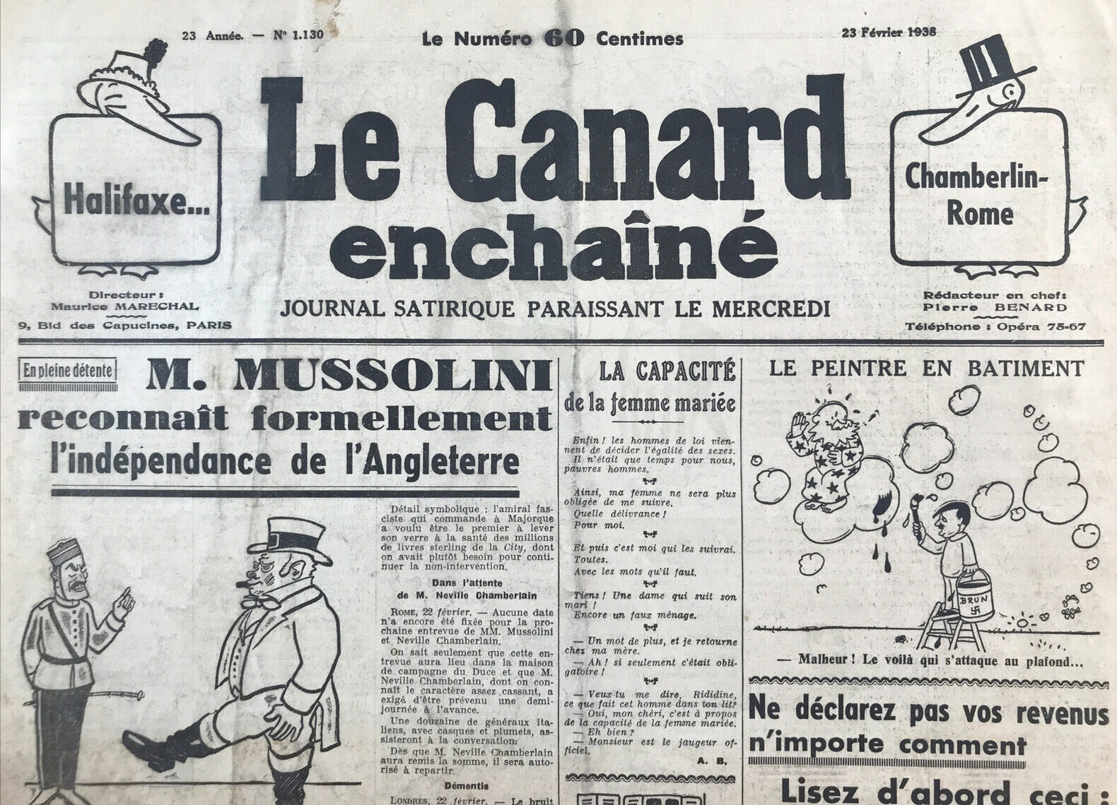 N° 1130 du Canard Enchaîné - 23 Février 1938 | 59,00 € | 1130 | Couac ! | Presse Authentique de l'Epoque ! Pour des Cadeaux Originaux : Journal Rare Anniversaire, de Naissance... N° 1130 du Canard Enchaîné -  23 Février 1938