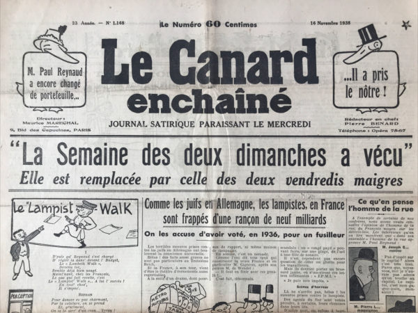 N° 1168 du Canard Enchaîné -  16 Novembre 1938