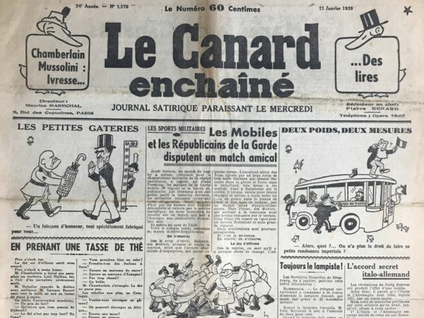 N° 1176 du Canard Enchaîné -  11 Janvier 1939