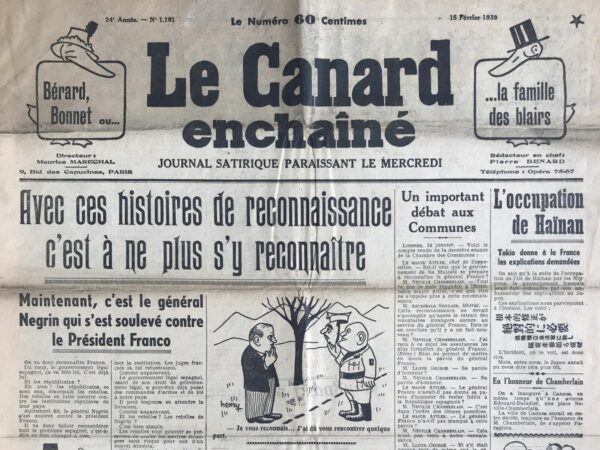 N° 1181 du Canard Enchaîné -  15 Février 1939