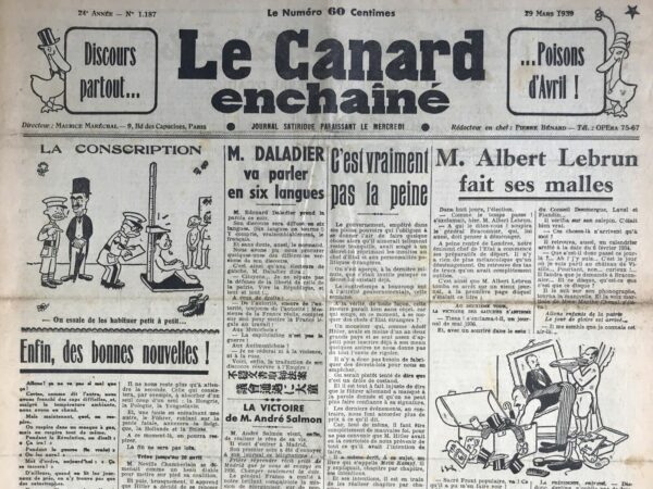 N° 1187 du Canard Enchaîné -  29 Mars 1939