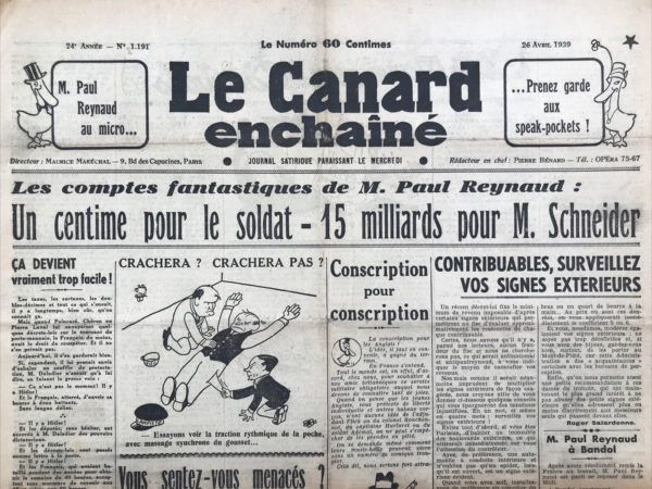 N° 1191 du Canard Enchaîné -  26 Avril 1939