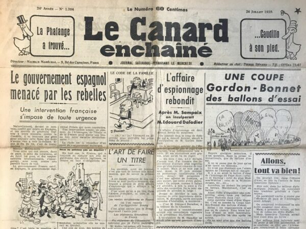 N° 1204 du Canard Enchaîné -  26 Juillet 1939