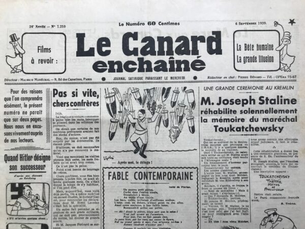 N° 1210 du Canard Enchaîné -  6 Septembre 1939