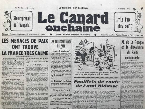 N° 1214 du Canard Enchaîné -  4 Octobre 1939