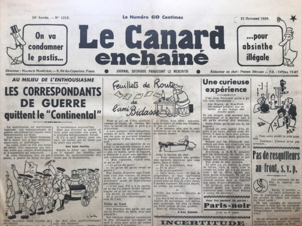 N° 1215 du Canard Enchaîné -  11 Octobre 1939