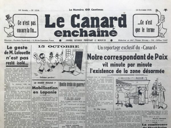 N° 1216 du Canard Enchaîné -  18 Octobre 1939