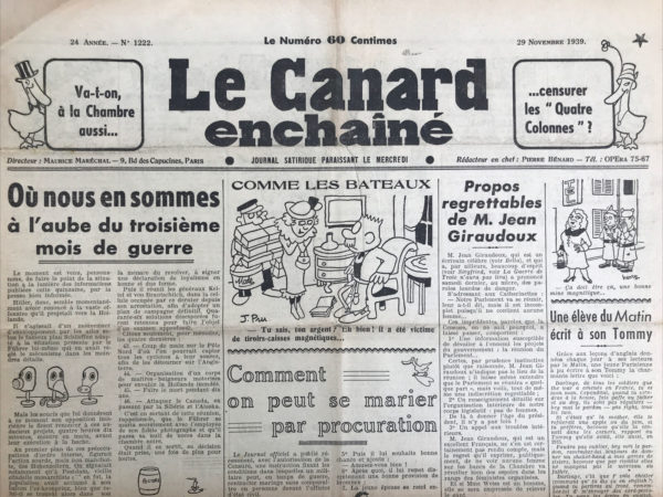 N° 1222 du Canard Enchaîné -  29 Novembre 1939