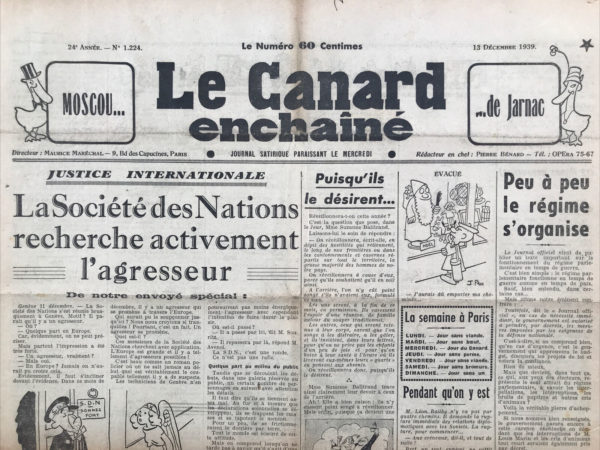 N° 1224 du Canard Enchaîné -  13 Décembre 1939
