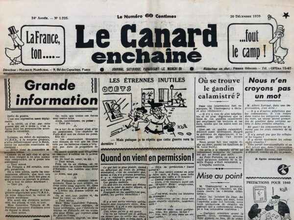 N° 1225 du Canard Enchaîné -  20 Décembre 1939
