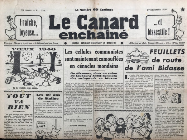 N° 1226 du Canard Enchaîné -  27 Décembre 1939