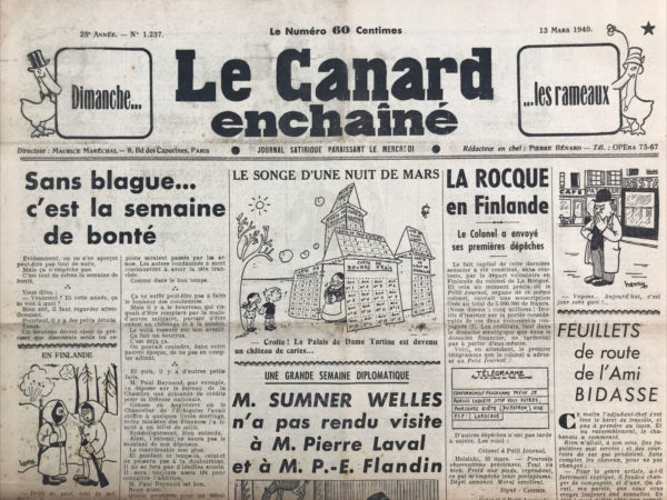 N° 1237 du Canard Enchaîné -  13 Mars 1940