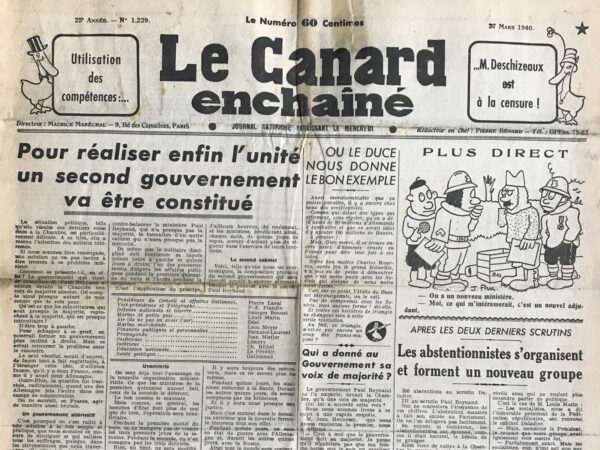 N° 1239 du Canard Enchaîné -  27 Mars 1940