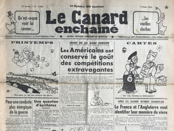 N° 1240 du Canard Enchaîné -  3 Avril 1940