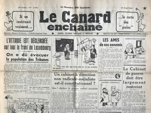 N° 1241 du Canard Enchaîné -  10 Avril 1940