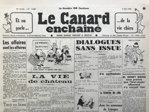 N° 1249 du Canard Enchaîné -  5 Juin 1940