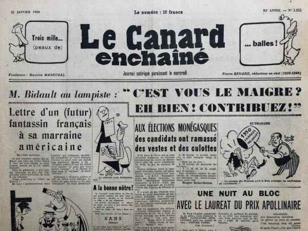 N° 1525 du Canard Enchaîné -  11 Janvier 1950