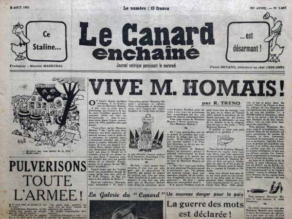 N° 1607 du Canard Enchaîné -  8 Août 1951