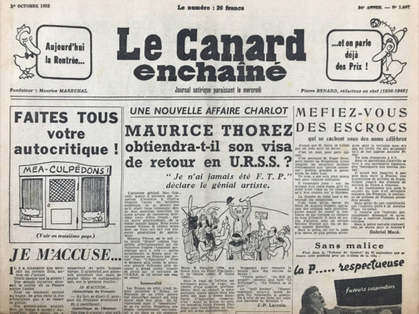 N° 1667 du Canard Enchaîné -  1 Octobre 1952