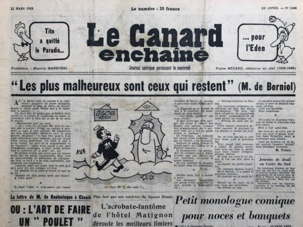 N° 1690 du Canard Enchaîné -  11 Mars 1953