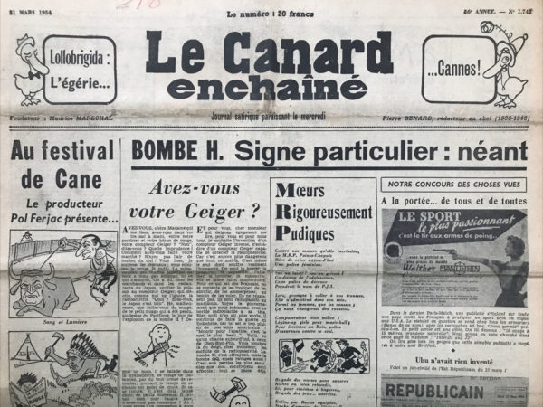 N° 1745 du Canard Enchaîné -  31 Mars 1954