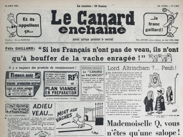N° 1921 du Canard Enchaîné -  14 Août 1957
