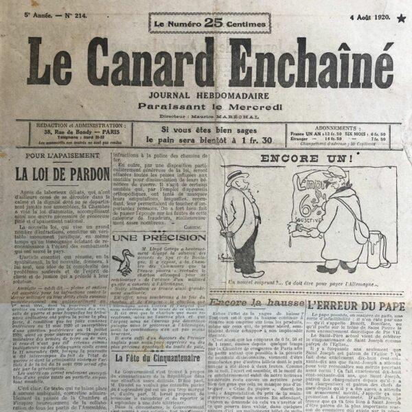 N° 214 du Canard Enchaîné -  4 Août 1920