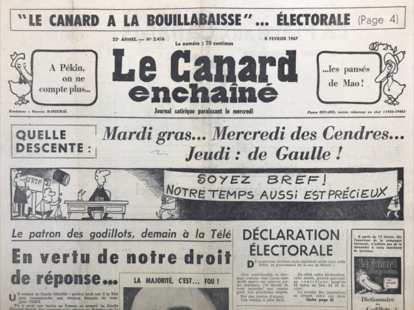 N° 2416 du Canard Enchaîné -  8 Février 1967