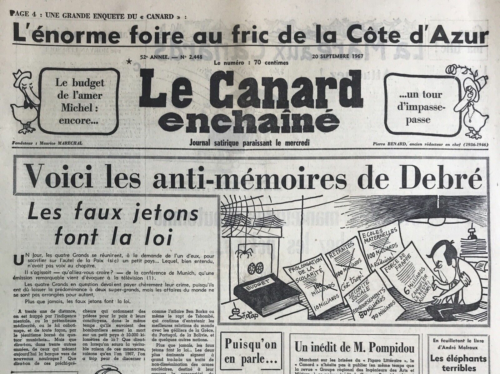 N° 2448 du Canard Enchaîné - 20 Septembre 1967 | 24,00 € | 2448 | Couac ! | Presse Authentique de l'Epoque ! Pour des Cadeaux Originaux : Journal Rare Anniversaire, de Naissance... N° 2448 du Canard Enchaîné -  20 Septembre 1967