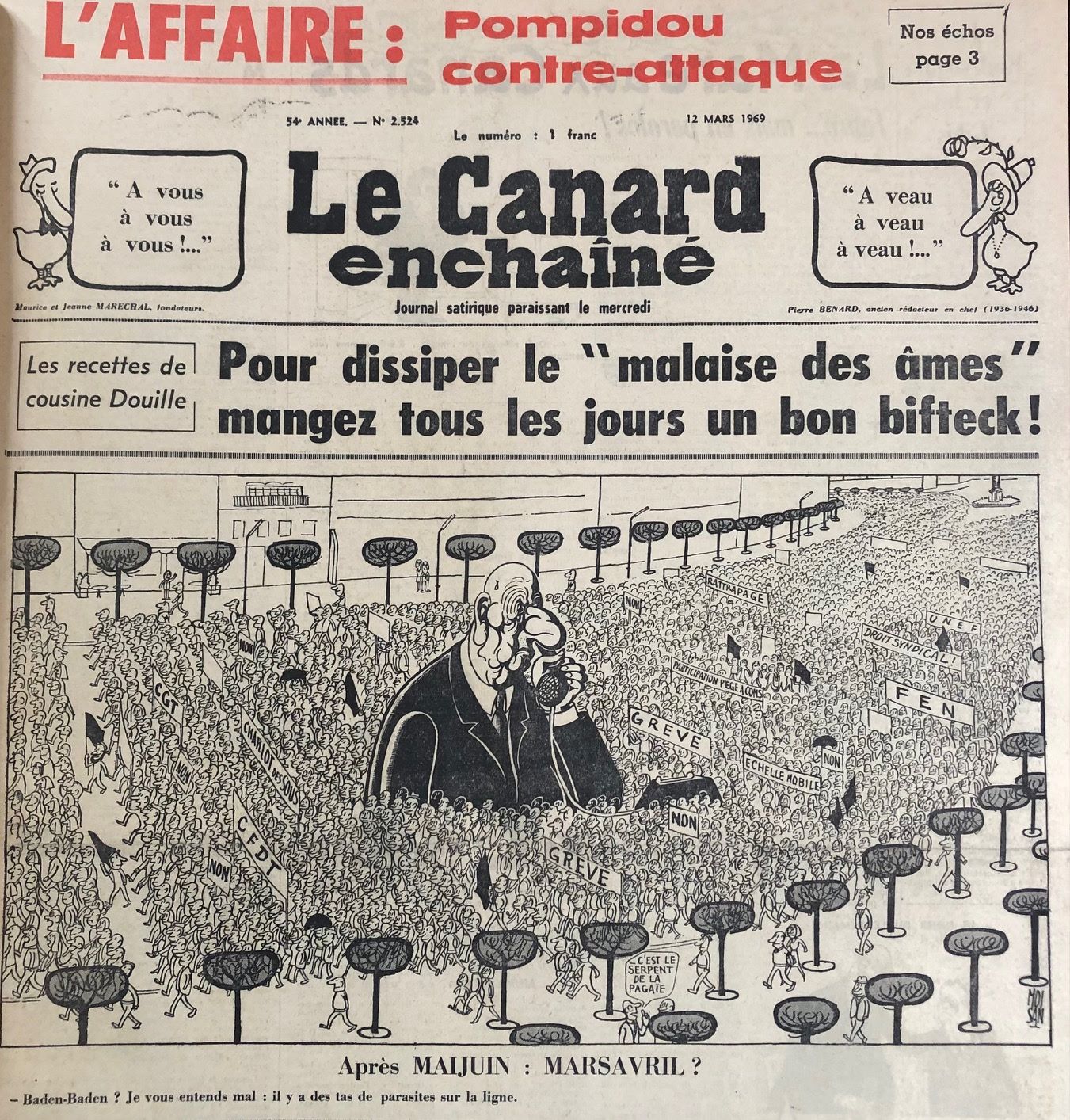 N° 2524 du Canard Enchaîné - 12 Mars 1969 | 24,00 € | 2524 | Couac ! | Presse Authentique de l'Epoque ! Pour des Cadeaux Originaux : Journal Rare Anniversaire, de Naissance... N° 2524 du Canard Enchaîné -  12 Mars 1969