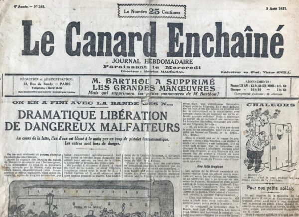 N° 266 du Canard Enchaîné -  3 Août 1921