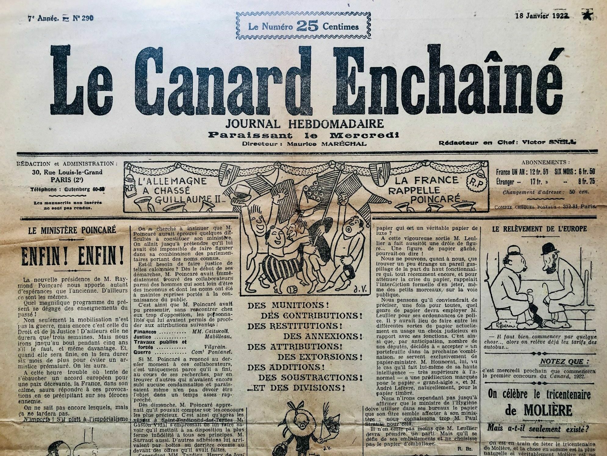 N° 290 du Canard Enchaîné - 18 Janvier 1922 | 79,00 € | 290 | Couac ! | Presse Authentique de l'Epoque ! Pour des Cadeaux Originaux : Journal Rare Anniversaire, de Naissance... N° 290 du Canard Enchaîné -  18 Janvier 1922