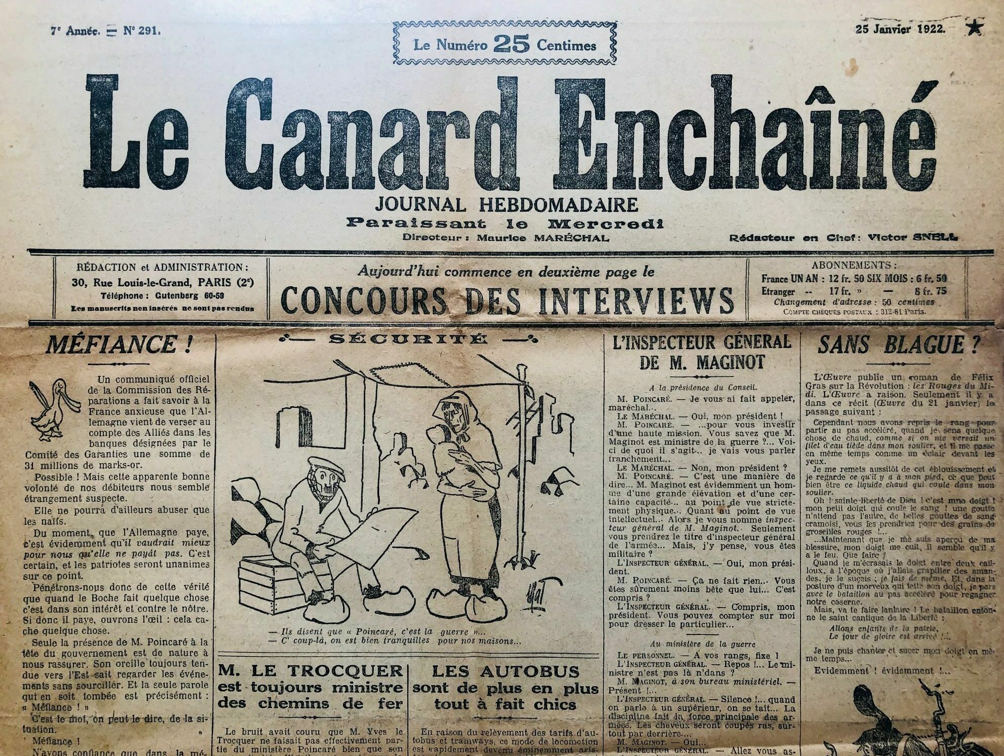 N° 291 du Canard Enchaîné - 25 Janvier 1922 | 79,00 € | 291 | Couac ! | Presse Authentique de l'Epoque ! Pour des Cadeaux Originaux : Journal Rare Anniversaire, de Naissance... N° 291 du Canard Enchaîné -  25 Janvier 1922
