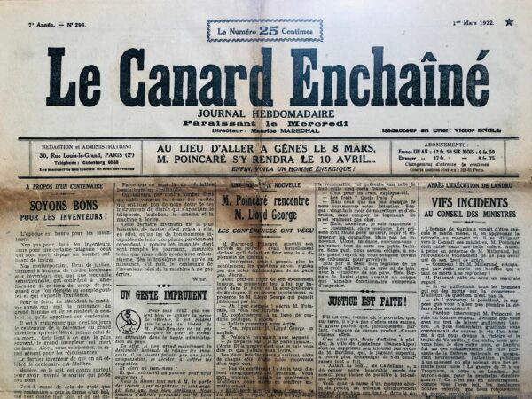 N° 296 du Canard Enchaîné -  1 Mars 1922