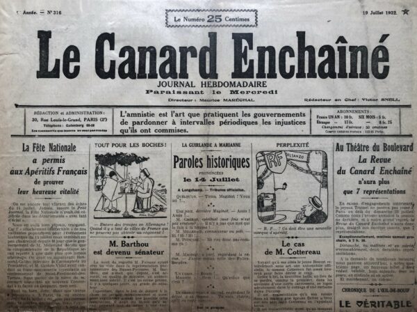 N° 316 du Canard Enchaîné -  19 Juillet 1922